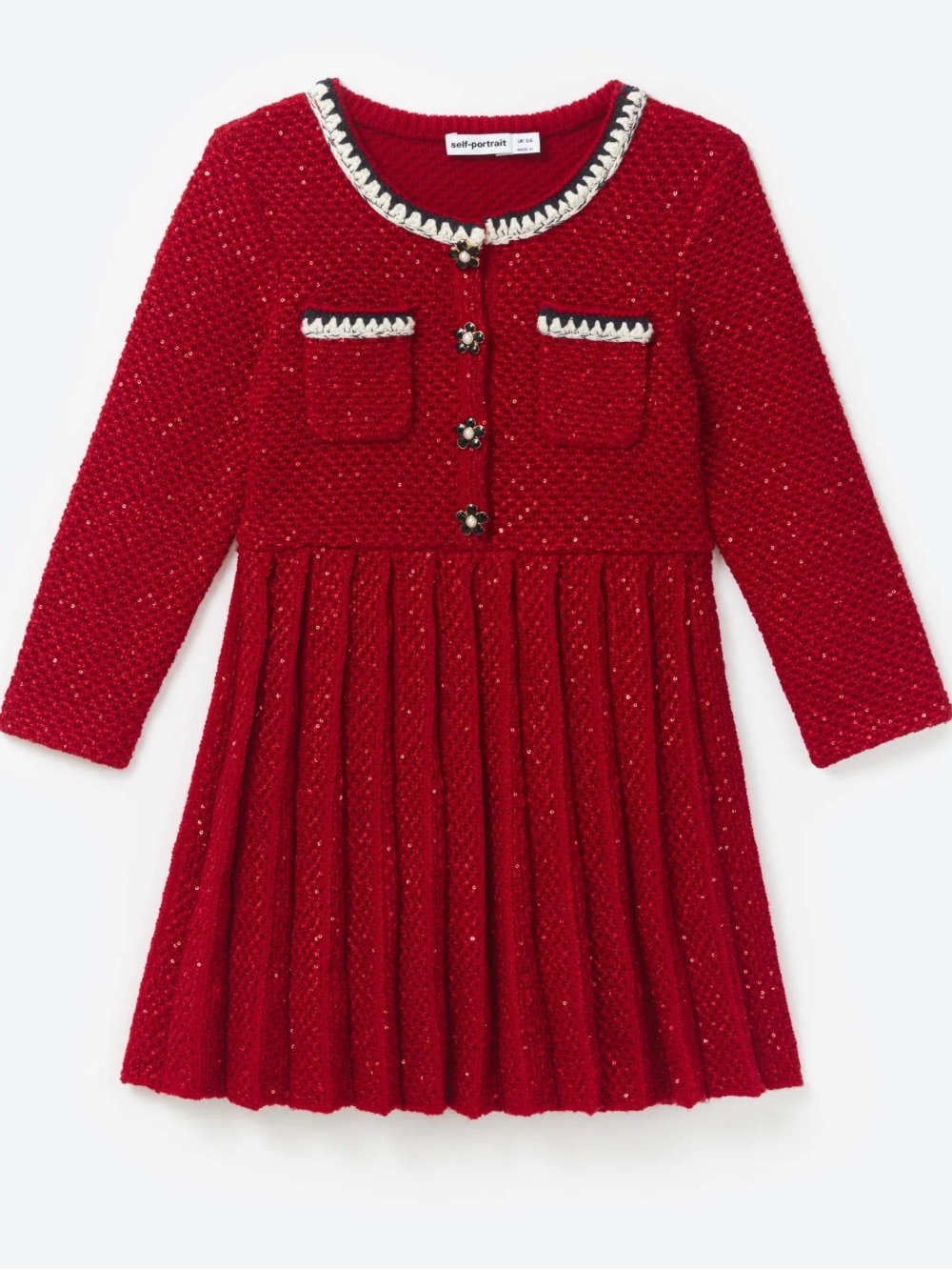 Self Portrait Girls Sparkle Knit Pleated Dress in Deep Red